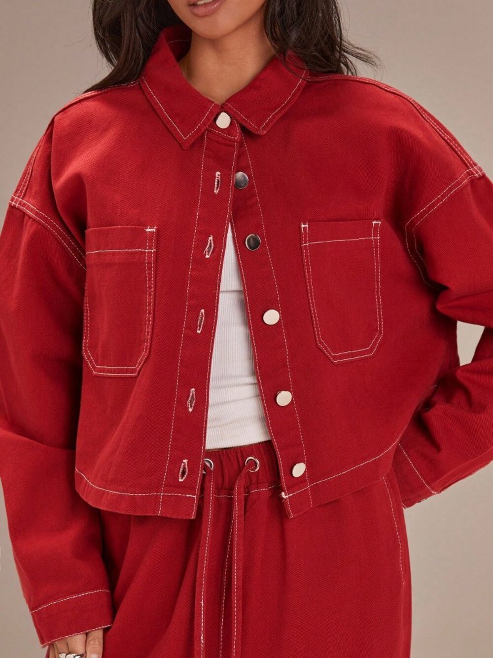 Red Casual Women's Denim Jacket - Picture 5 of 5